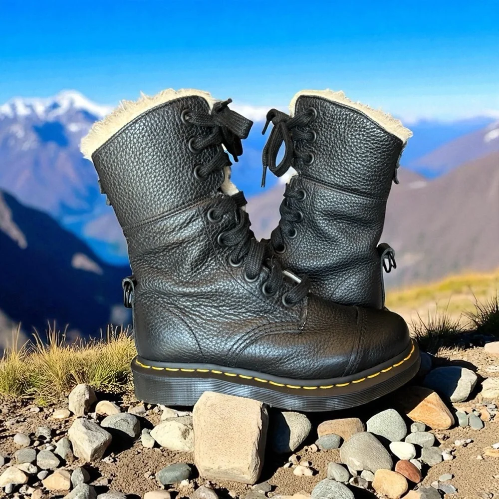 Dr. Marten’s Amilita Aunt Sally Black Leather Faux Fur Lined Boot.